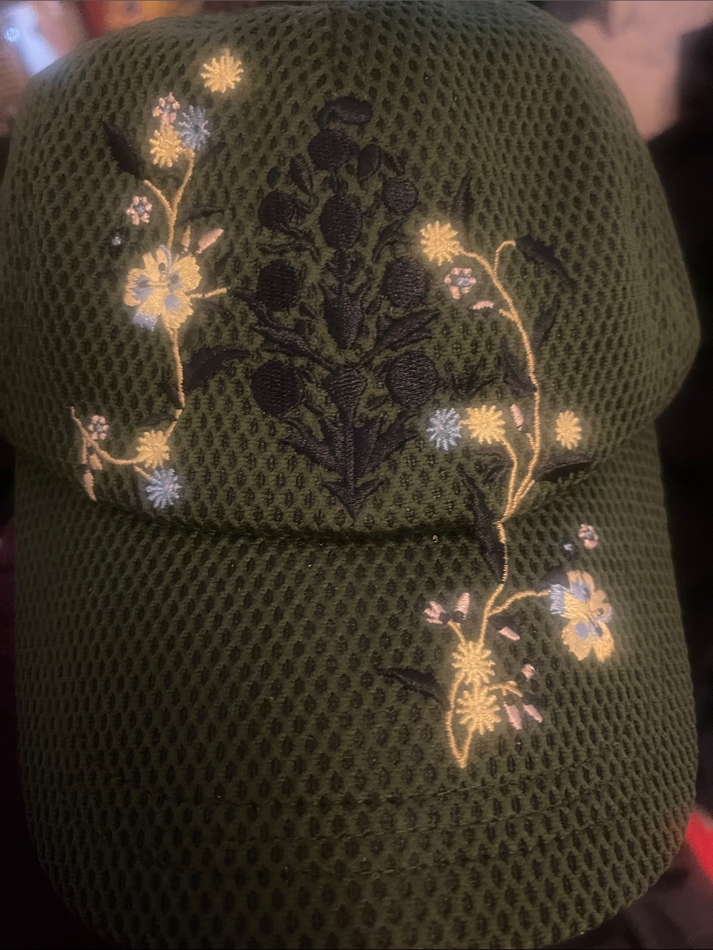 Free People Olive Green Mesh Cap with Blue and Cream Floral Embroidery